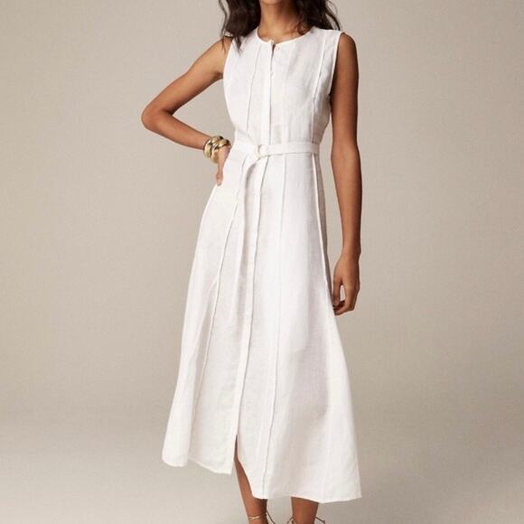 j. crew seamed linen midi dress removable belt white ca671 women size small